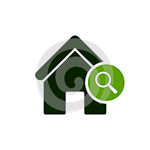 House icon with research sign. House icon and explore, find, inspect symbol