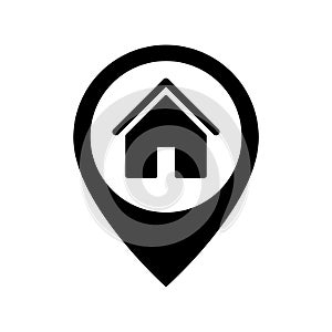 House icon on round pin map marker pointer sign, GPS location flat symbol â€“ vector