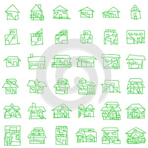 House icon set of rough line art, one line, green