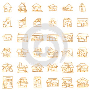 House icon set of rough line art, one line, orange