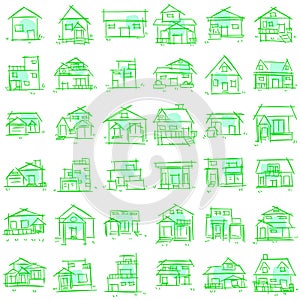 House icon set of rough line art, point, green