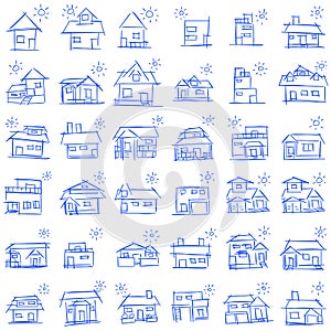 House icon set of rough line art, sun, blue