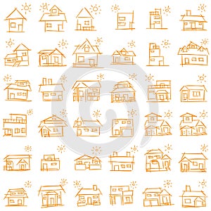 House icon set of rough line art, sun, orange