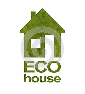 House icon on a white isolated background from a gold leaf. The inscription ECO HOUSE. Close-up