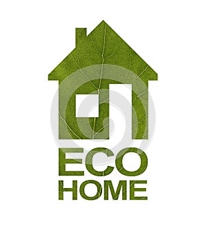 House icon on a white isolated background from a green leaf. The inscription ECO HOME. Close-up