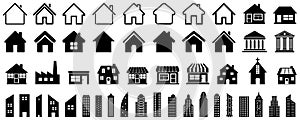 House icons, collection home sign, big set of buildings, flat style houses in outline and line design, real estate - vector