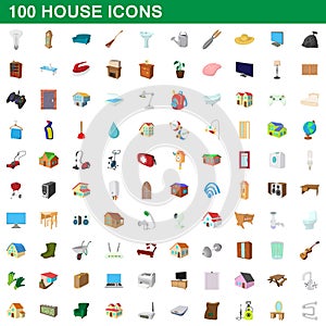 100 house icons set, cartoon style