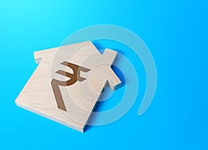 House with a indian rupee symbol. Cost estimate. Search for options, choice of residential buildings. Property price valuation