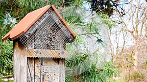 House for insects that protect the garden from pests. Biological pest control methods. Insect protection and biodiversity