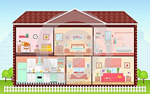 House inside with rooms interiors. Vector illustration in flat design