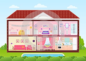 House inside with rooms interiors. Vector illustration in flat design
