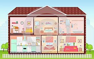 House inside with rooms interiors. Vector illustration in flat design photo
