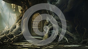 House inside tree. Deep in a distant, mysterious forest an enchanting fairy tree home. AI Generative