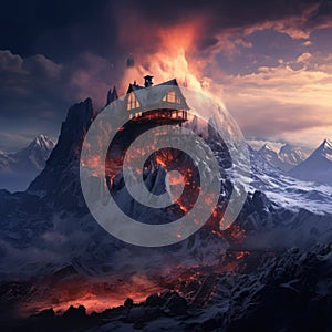 A house inside a volcano beside the ice mountain