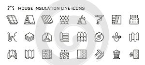 House insulation line icons. Warm insulation materials for walls and ceiling, home renovation and construction. Vector