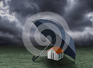 House insurance concept, house protected under umbrella