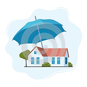 House insurance concept. Real estate protection, flat cartoon house protected under umbrella, home safety, security. Vector