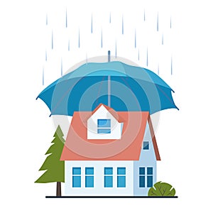 House insurance concept. Real estate protection, flat cartoon house protected under umbrella, home safety, security. Vector