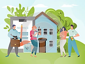 House insurance vector illustration. Family want to insure their home. Property insurer agent with contract to sign. photo