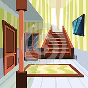 House interior. Apartment light room hallway with staircase and storage room vector cartoon illustrations