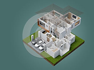 House interior component diagram isometric top view isolated on blue background.3d rendering