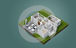House interior component diagram isometric top view isolated on blue background.3d rendering