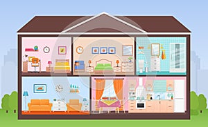 House interior cutaway with rooms. Vector illustration in flat d