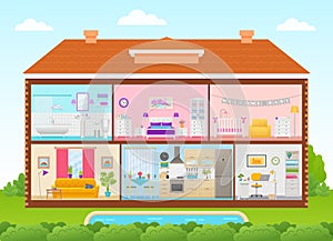 House interior cutaway with rooms. Vector illustration in flat d
