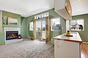 House interior. Empty living room with fireplace