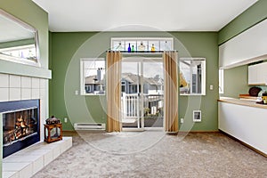 House interior. Empty living room with fireplace