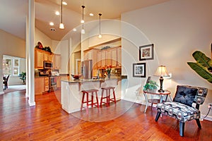 House interior with high ceiling. Kitchen area