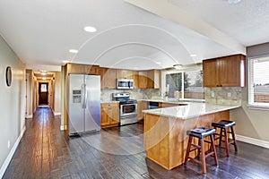 House interior. Kitchen room and long corridor