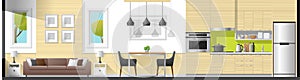 House interior section panorama background including living room , dining room and kitchen