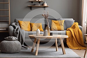 house interior sofa modern yellow pillow comfortable cushion decor grey home. Generative AI.