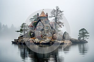 House island foggy lake. Generate Ai