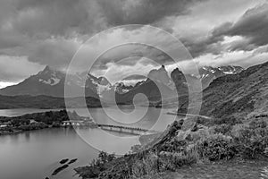 House on the island in Lake Pehoe, Torres del Paine National Park, Patagonia, Chile