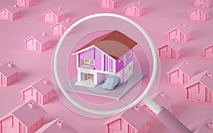 House isometric pastel color with magnifying glass concept for house advertisement or looking to buy house.3d rendering