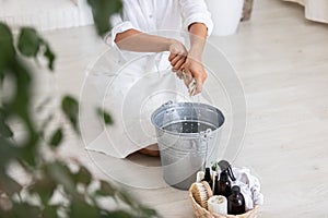 House keeping concept. Woman wiping floor. Woman doing chores at home.