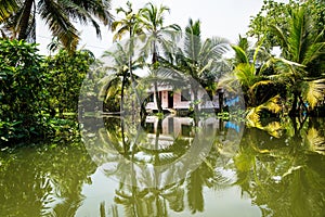 House in the Kerala backwaters in the lush jungle along the canal, Alappuzha - Alleppey, India