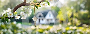 House key hanging from a blooming tree branch in spring garden. Flowering background, blurred private home. Real estate