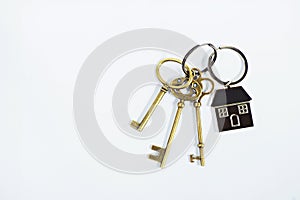 House key with home keyring on white background