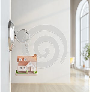 House key in house door with white wall room background.Concept for real estate,property,agent.3d rendering