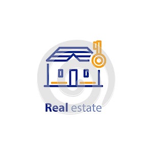 House and key line icon, real estate services, rent, residential building