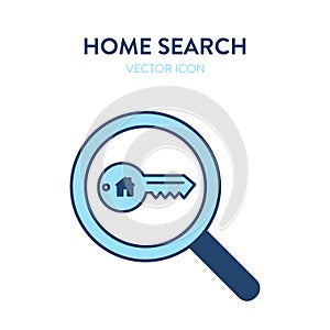 House key search icon. Vector illustration of a magnifier tool and a home key with a home icon on it. Represents concept of