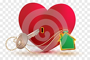 House is key to heart of your beloved. Red heart shape lock and key with key ring home