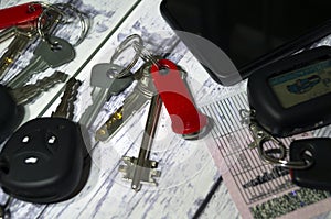 House keys, car keys, driver`s license, and phone