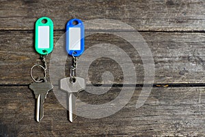 House keys with color tag keyring with green garden background, property concept, copy space