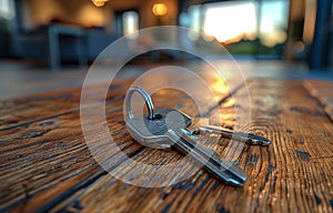 House keys on wooden floor in the evening sun