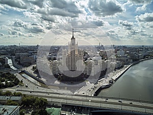 House on Kotelnicheskaya Embankment in Moscow, Russia. Aerial drone panoramic view. Moscow river. Stalin skyscraper