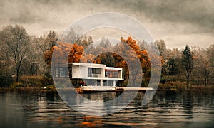 House on the lake at autumn, desaturated, digital illustration